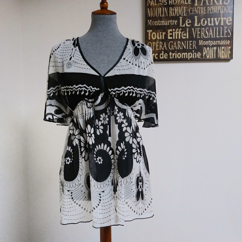 Vintage Y2K Miss Bisou Psychedelic Flutter Sleeve Blouse Small - Picture 2 of 5